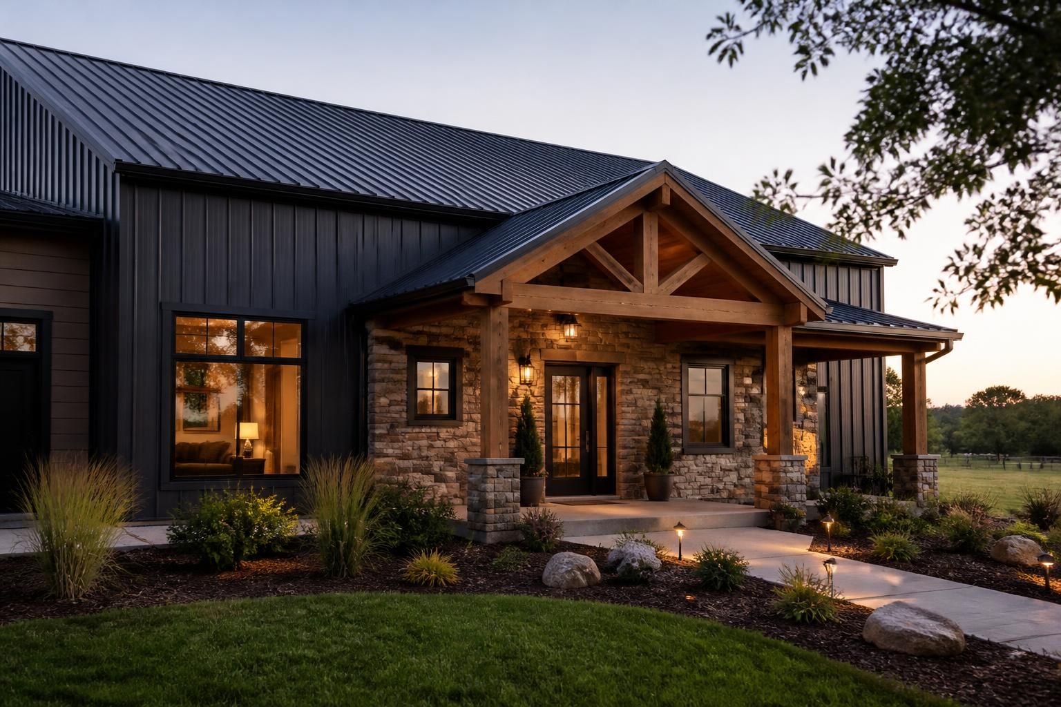 Finished barndominium with modern metal exterior design.