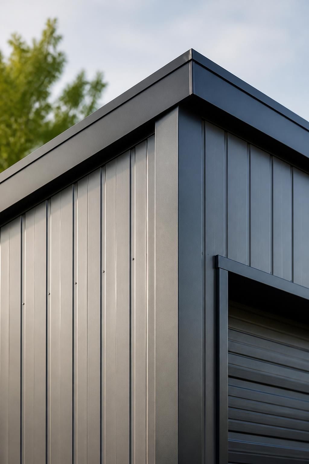 Close-up of finished metal building craftsmanship and clean panel detailing.