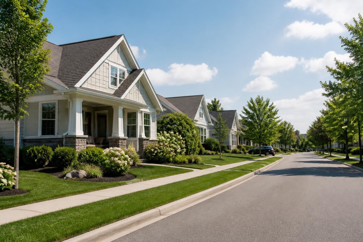 Clean Derby residential street with manicured lawns.