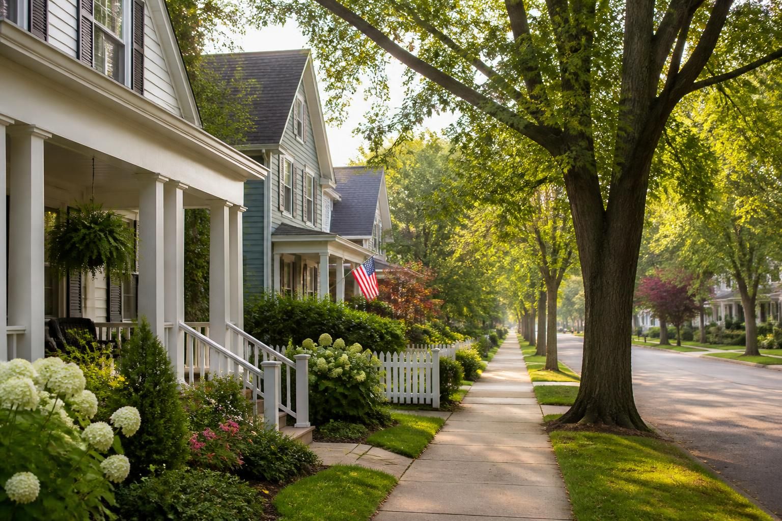 Tree-lined El Dorado street with tidy houses.