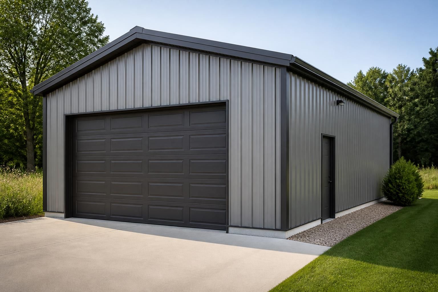 Finished metal garage with clean driveway and exterior.