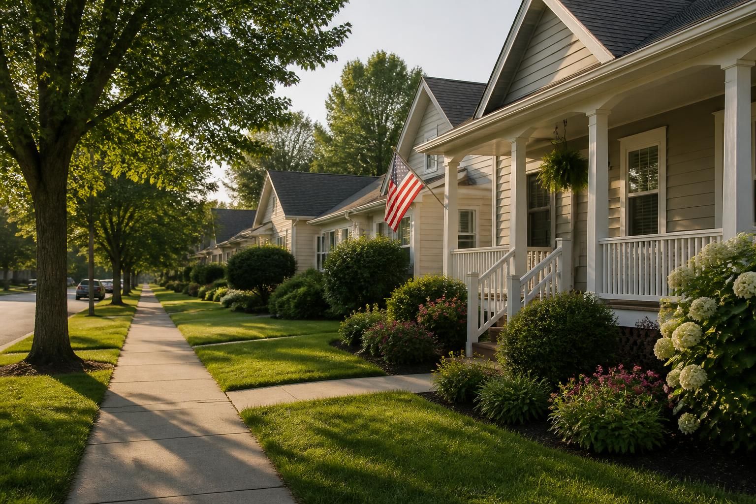Tidy Haysville neighborhood street in soft afternoon light.