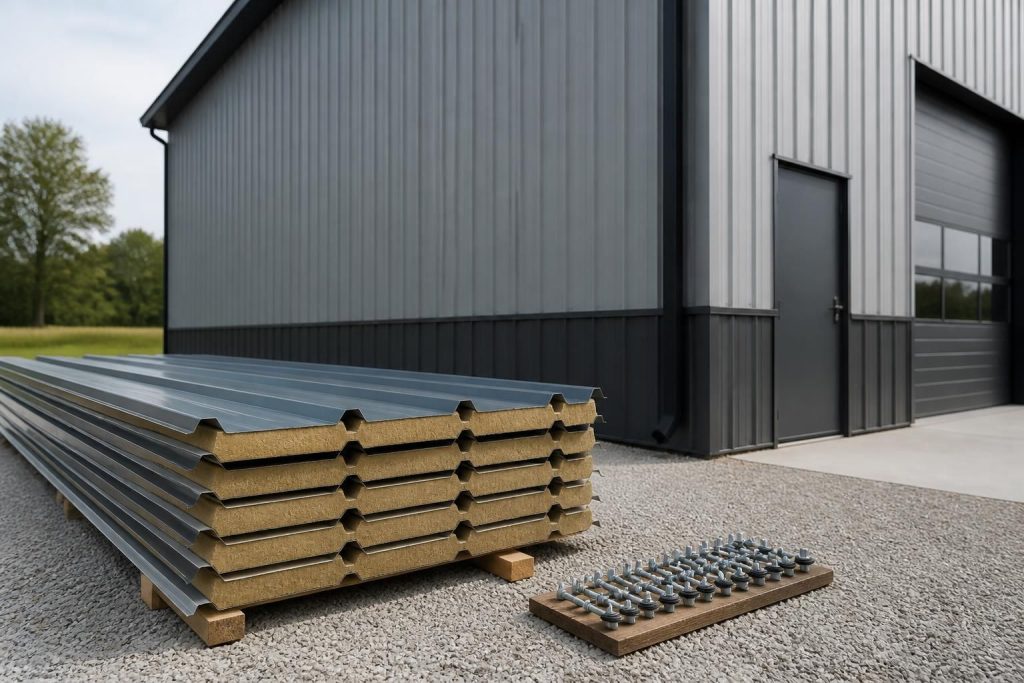 Neatly arranged building materials beside a finished construction project.