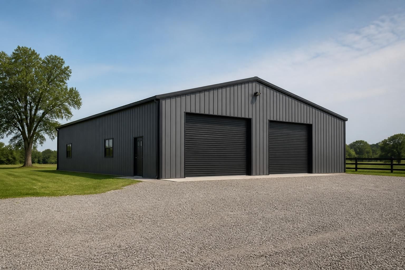 Completed metal building on a rural property under clear daylight.