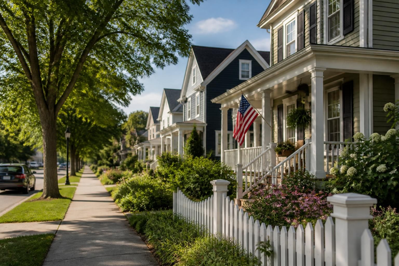 Calm Newton street with tidy homes and natural daylight.