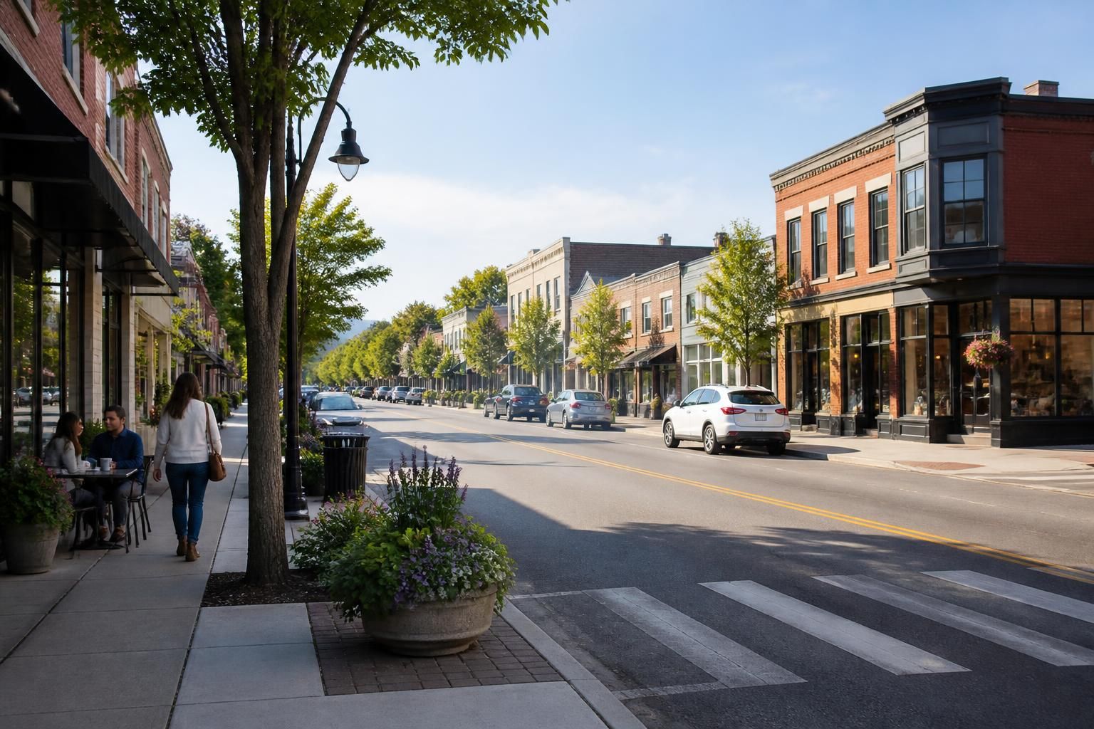 Clean Park City street with neat buildings and open daylight.