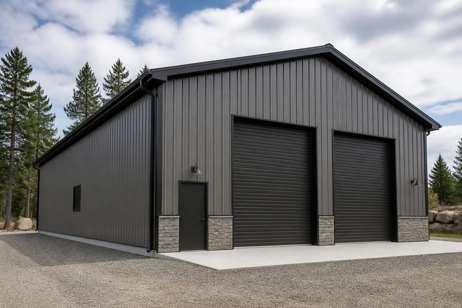 Completed workshop building with clean metal exterior.